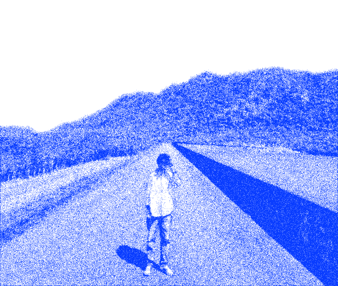 Blue stipple of a dam road with a lone figure