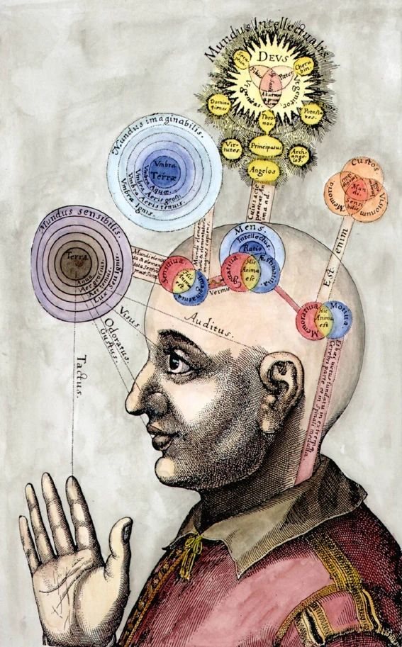Robert Fludd's 1619 engraving of a man in profile, his head opened into circles for the senses, imagination, reason and memory, linked to a world of the senses, a world of images and an intellectual world above.
